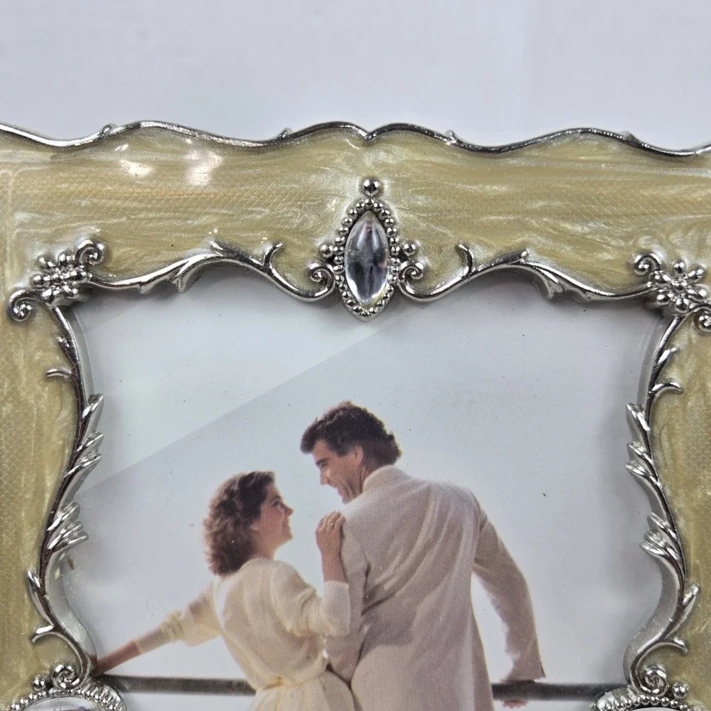 Decorel 5x7 Ornate Filigree Photo Frame Beige Enamel and Jewels Free Standing